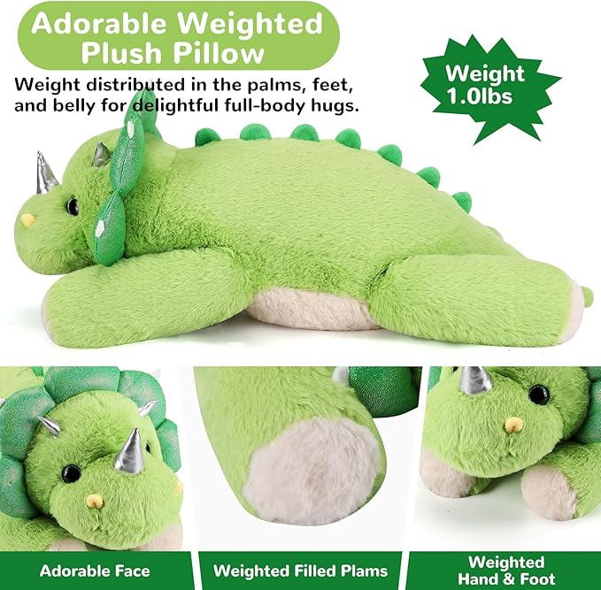 Triceratops Weighted Stuffed Animals - 12 Inch 1.0 Pounds Weighted Plushies Dinosaur Stuffed Animal - Small Dino Plush Pillow - Cute Plush Toy Gifts for Kids & Adults (12" 1.0 lbs)