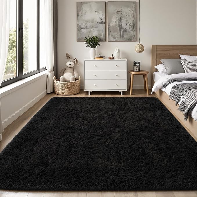 Area Rug for Living Room Bedroom: 4x6 Black Soft Fluffy Shag Upgrade Non-Slip High Pile Carpet Large Fuzzy Plush Indoor Floor Decor Shaggy Rug for Kid Boys Girls Dorms Playroom Nursery Modern Home