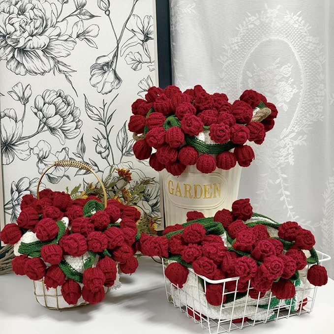 Crochet Flowers Bouquet Blanket, Handmade Rose Blanket, 32 Inch Round Floral Soft and Romantic Gifts for Birthday, Mother's Day,Valentine's Day, Home Decor, Bed, Sofa