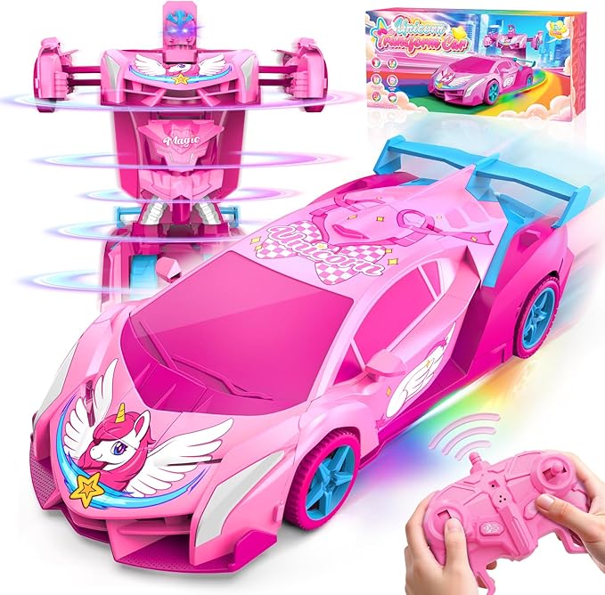 Unicorn Transform RC Cars for Girls Toys with Rainbow Eyes & Underbody Lights, Fast 360°Rotation & 2.4GHz Robot Remote Control Car One-Button Deformation,Stocking Stuffers for 3-12 Year Old Girl Gifts