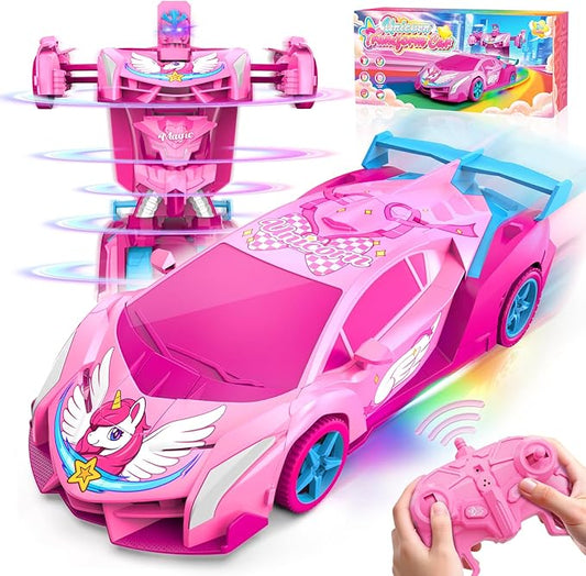 Unicorn Transform RC Cars for Girls Toys with Rainbow Eyes & Underbody Lights, Fast 360°Rotation & 2.4GHz Robot Remote Control Car One-Button Deformation,Stocking Stuffers for 3-12 Year Old Girl Gifts