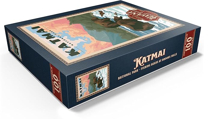 MyPuzzle Katmai National Park - Fishing Bears at Brooks Falls, Vintage Travel Poster - Premium 100 Piece Jigsaw Puzzle for Adults