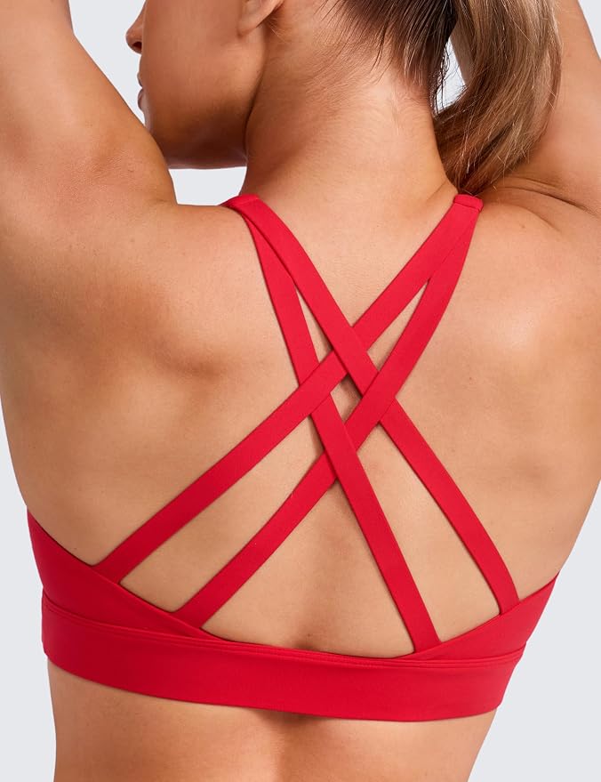 CRZ YOGA Butterlift Wide Criss Cross Straps Supportive Sports Bras for Women - Medium Impact Strappy Gym Padded Workout Top