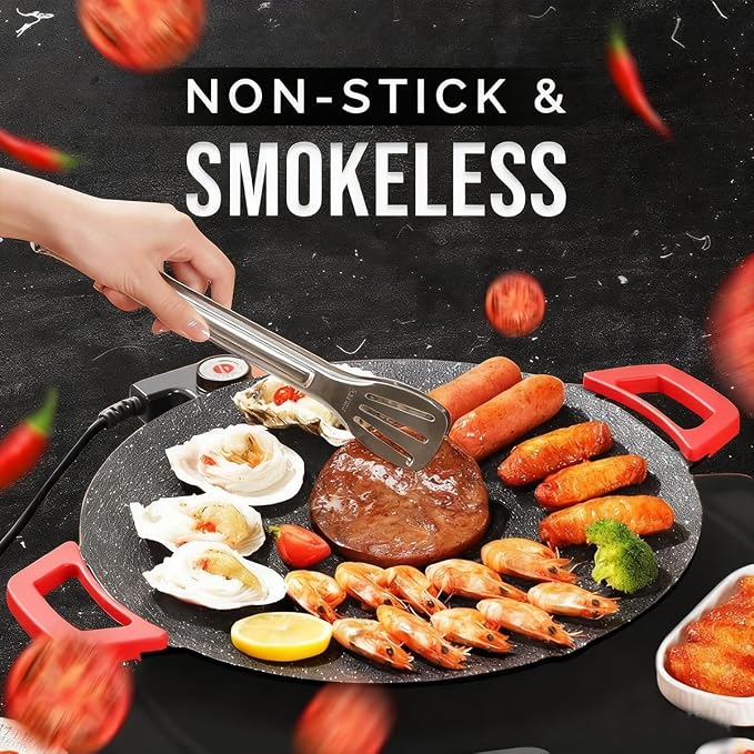 Indoor Smokeless Electric Griddle, 2026 Upgraded 1500w Portable Electric Korean BBQ Grill, Non-stick Round Grill Pan for BBQ, Tortillas, Steaks, Burgers, Pancakes (14.2in)