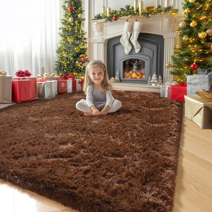 Amdrebio Chocolate Brown Furry Area Rug 5x7 for Living Room Bedroom Dorm | Plush Fuzzy Fluffy Carpet, Nursery Classroom Office Playroom Apartment Decor, Vintage Rustic Farmhouse Aesthetic, Dark Brown