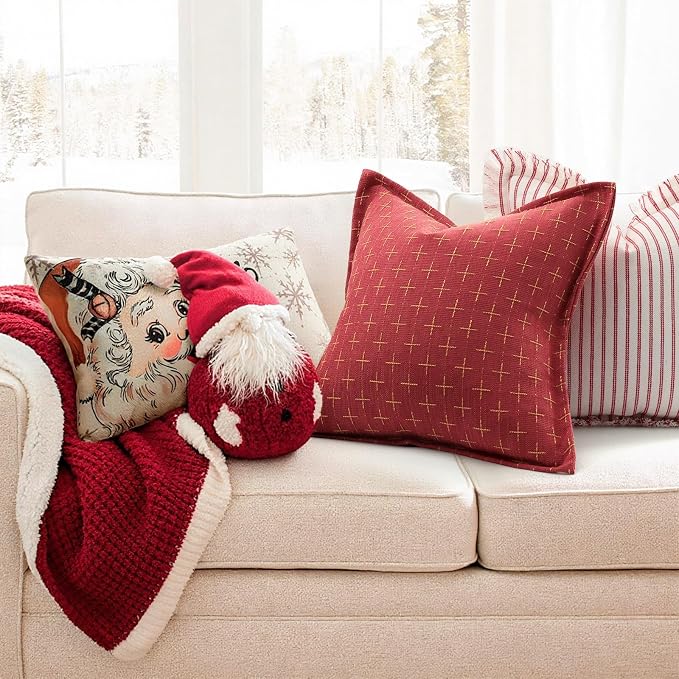 Christmas Pillow Covers 26x26 Set of 2 Soft Polyester Textured Red Pillows with Stylish Flange Edge Cozy Farmhouse Christmas Decor for Couch Bed Sofa Living Room (Red)