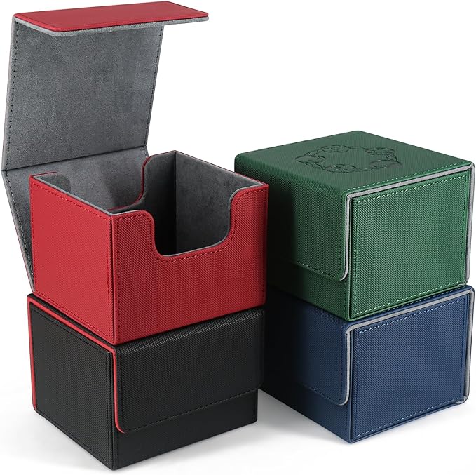 ZLCA Card Deck Box with 2 Dividers for MTG Cards, Large Horizontal Card Storage Box Fits 150+ Single Sleeved Cards, PU Leather Commander Deck box for TCG CCG (Black& Red)