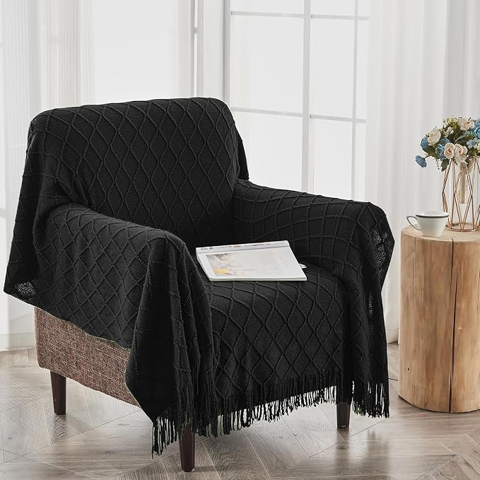 inhand Black Knitted Throw Blanket for Couch and Bed, 50"x60" | Soft Cozy Knit Blanket with Tassel, Lightweight Decorative Blankets and Throws, Farmhouse Warm Woven for Men and Women