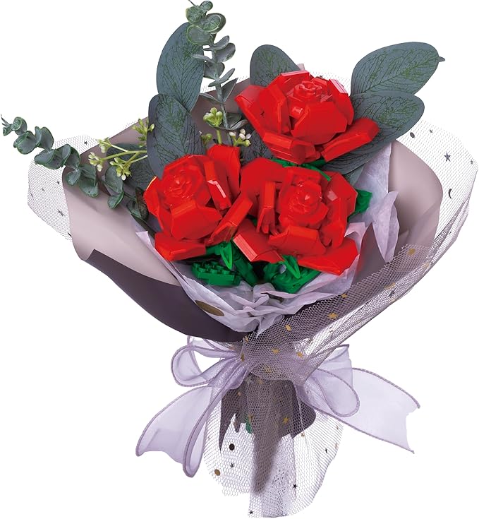 Red Flower Bouquet Building Block Set – Romantic DIY Gift for Valentine’s Day, Anniversaries & Special Occasions