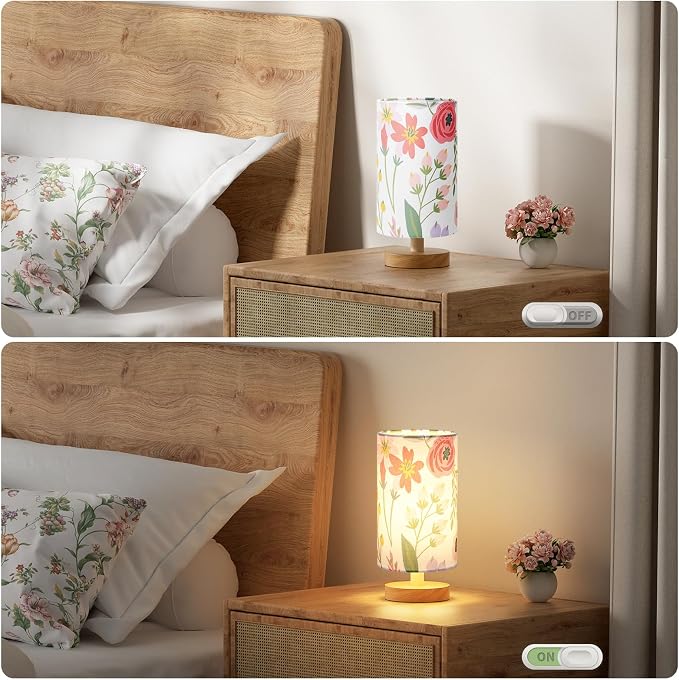 Fenmzee Floral Table Lamp for Bedroom - Inline Control, Small Bedside Lamp with 3000K A15 LED Blub, Easy Assembly (Floral White Shade, 9" Inline Control)