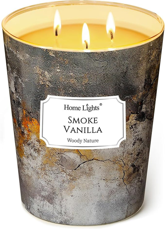HomeLights Large jar Candle | 3-Wick Long-Lasting Scented Candles, 34oz Natural Soy Wax Candle for Home Scented, Industrial Chic Gifts for Women & Men, Smoke Vanilla