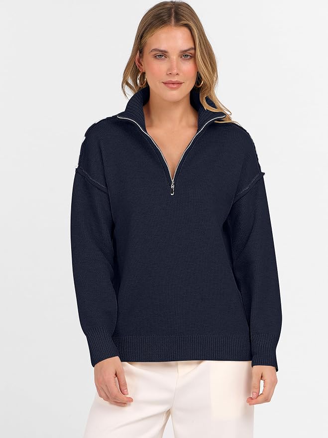 ANRABESS Womens Quarter Zip Sweaters Fall Long Sleeve V Neck Shirts Collared Business Casual Tops Knit Pullover Sweatshirts