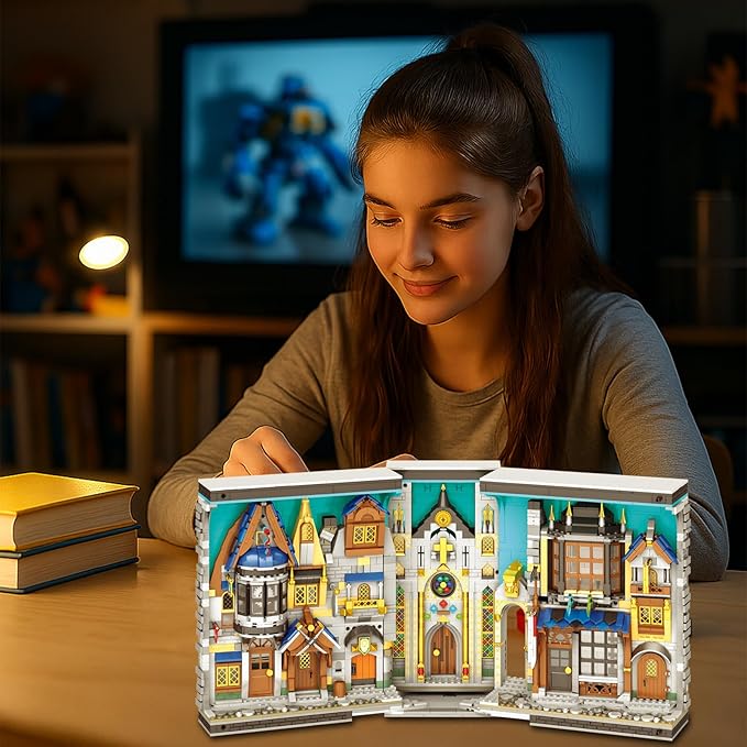 Medieval Architecture Book Nook Building Set with Light, European Century Street View Bookend, DIY Bookshelf Building Block Kit for Home Decor, House Model for Adults Kids Boys Girls Age 8+