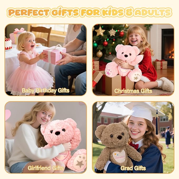 Custom Teddy Bear Stuffed Animal with Embroidered Name, Personalized Stuffed Bear for Baby, Bears Plush Toddler Adult Toys Gifts for 1+ Year Old Girls Boys Birthday Christmas for Her