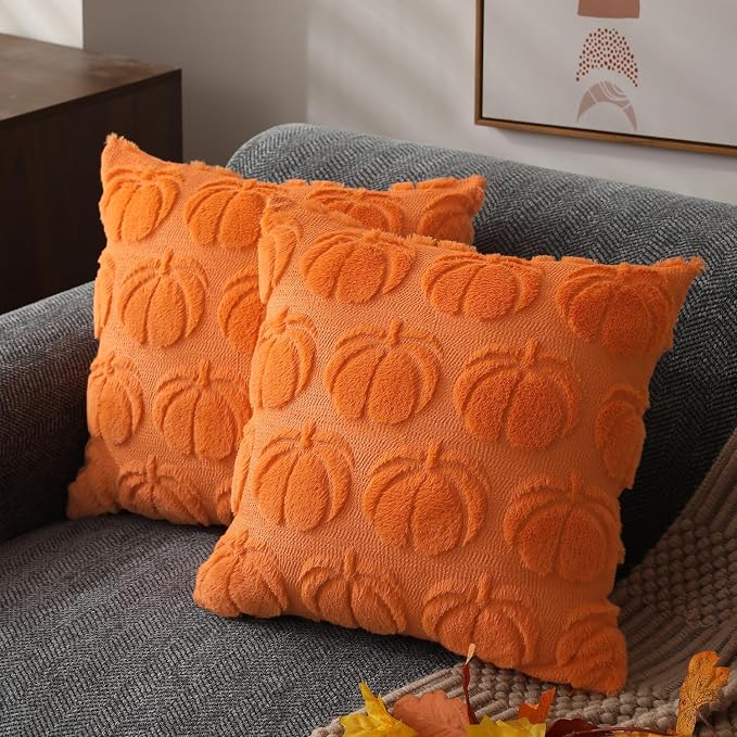 DFXSZ Fall Pillow Covers 16x16 2Pcs Orange Pumpkin Fall Decoration for Home | Fall decor Set of 2 Throw Pillow Cases Soft Plush Faux Fur Wool Couch Cushion for Chair Sofa Bedroom Living Room Home Decor