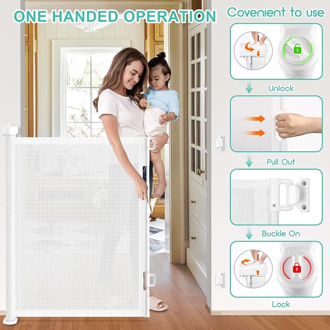 EZIGO Retractable Baby Gates Extra Wide Baby Gate for Large Opening Extra Long Mesh Gate for Kids or Pet Dog Gate Child Safety Gate for Stairs Hallways Doorway Indoor Outdoor (White, 41" X 55")