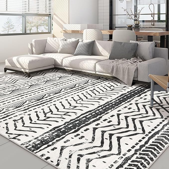 Nakagishi Area Rug Living Room Rugs: 6X9 Machine Washable Boho Large Neutral Farmhouse Stain Resistant Moroccan Indoor Floor Carpet for Bedroom Nursery Dorm Dining Room Home-Ivory Black