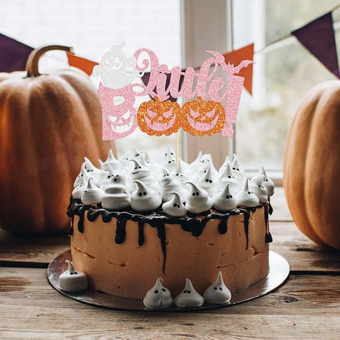 Gyufise 1Pc Little Boo Halloween Cake Topper Pink Glitter Pumpkin Ghost Halloween Baby Shower Cake Decorations for Halloween Theme Baby Shower Kids Birthday Party Supplies
