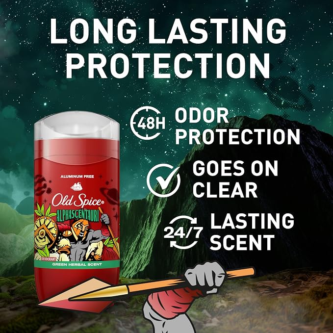 Old Spice Aluminum Free Deodorant for Men, 24/7 Odor Protection, 24/7 Freshness & Lasting Scent, Goes on Clear, Alphascentauri with Green Herbal Scent, 3.0 oz (Pack of 6)