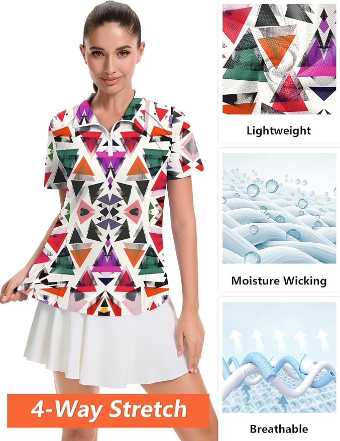 LOMON Womens Golf Polo Shirt Summer Short Sleeve Quarter Zip Outfit | Side-Pockets,Princess Seams,Cotton,Wrinkle Free,Moisture Wicking,Quick-Dry,Lightweight,Collared,for Tennis Workout