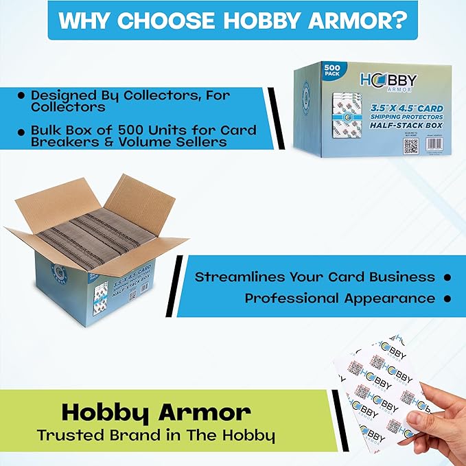 500 Pack Trading Card Shipping Protector by Hobby Armor, 3.5" x 4.5" with Rounded Corners, Vibrant Multi-Color Card Protector to Guard Cards From Dings, Premium Lightweight Cardboard Shipping Supplies