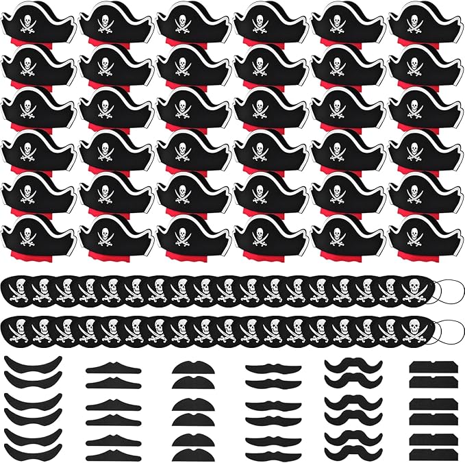 Halatool 36 Set Pirate Accessories Bulk for Kids, Include 36 Felt Pirates Hats with 36 Eye Patches and 36 Mustaches, Pirate Costume Accessories for Halloween, Masquerade, Cosplay, Party Favors Decor
