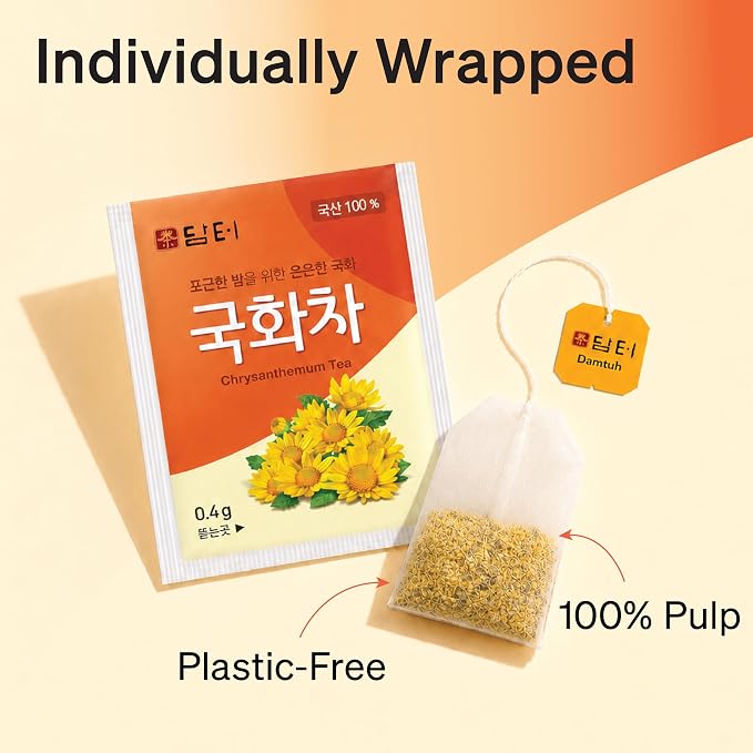 Damtuh Korean Chrysanthemum Tea Bags, Caffeine-Free, 20 Count | 20 Individually Wrapped Tea Bags | Herbal Flower Tea | Sugar-Free | 0 Calories | Hot or Iced | Light Floral Taste