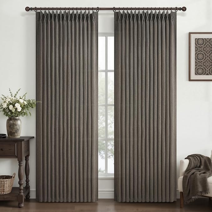 Pinch Pleated Chocolate Tart Semi Sheer Curtains 84 Inches Long for Living Room, Memory Trained Natural Linen Farmhouse Curtain Light Filtering Privacy Thick Drapes Bedroom Windows Burg 2 Panels Set