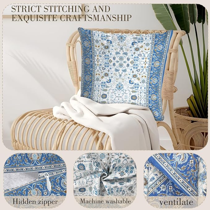 Boho Floral Throw Pillow Covers 20x20 inch Set of 2,Blue Boho Rug Geometric Floral Pattern Decor Double Sided Pattern Cushion Cover Soft Pillow Case Living Sofa Room Bed Square Pillow Cover