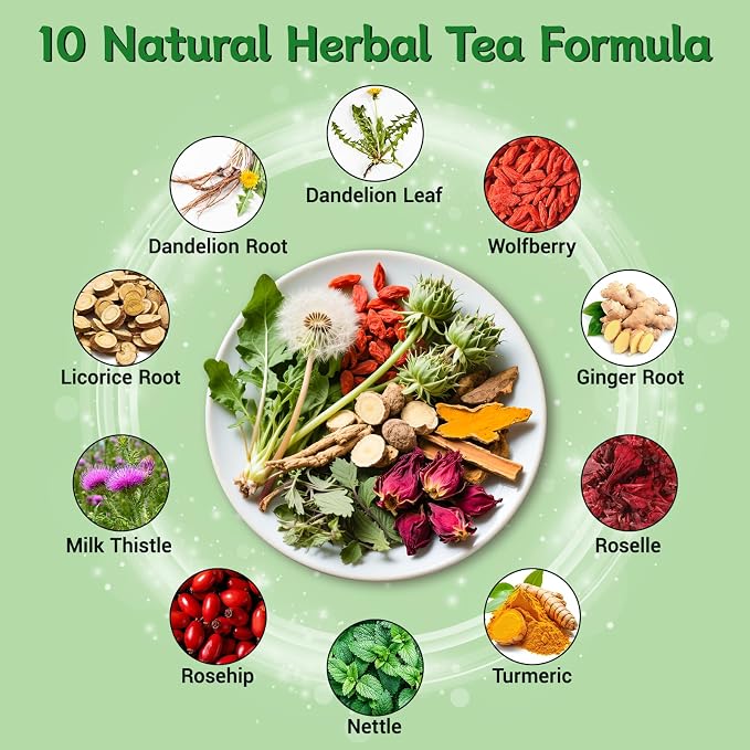 Liver Detox Tea, Liver Cleanse Detox & Repair Dandelion Milk Thistle Tea Support Kidney Health, 10 Precious Ingredients Formula Herbal Teabags for Men & Women (1 Pack/15 Bags)