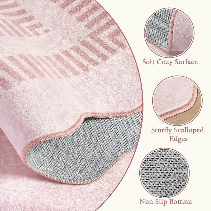Washable 3x5 Indoor Entryway Rug, Solid Pink Non Slip Rugs for Bedroom Girls, Stain Resistant Scalloped Soft Carpet for Nursery Dorm Kitchen