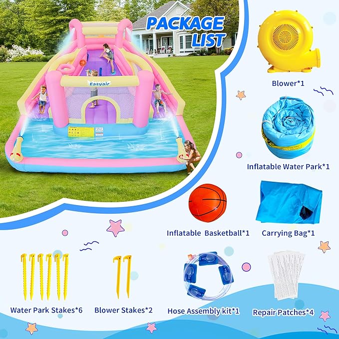 Inflatable Water Slide Bounce House for Kids, 12.1 FT x 10.3 FT Small Water Park Bouncy Castle, Double Slides, Jumper, Climbing Wall, Basketball Hoops, Included Blower