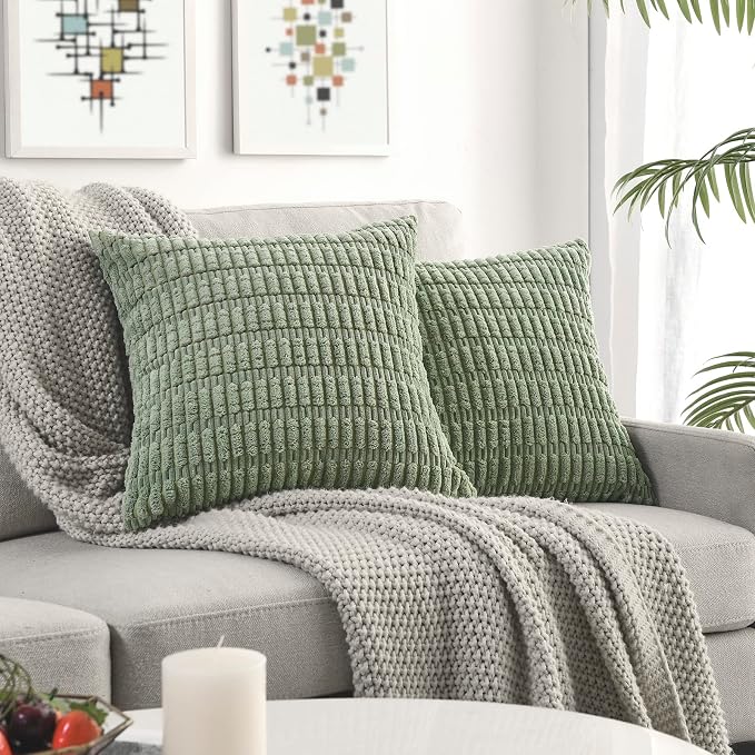 Volcanics Pack of 2 Sage Green Decorative Throw Pillow Covers 16x16 Inch | Soft Corduroy Striped Square Cushion Cases, Modern Farmhouse Boho Home Decor for Spring Couch Bed Sofa Living Room
