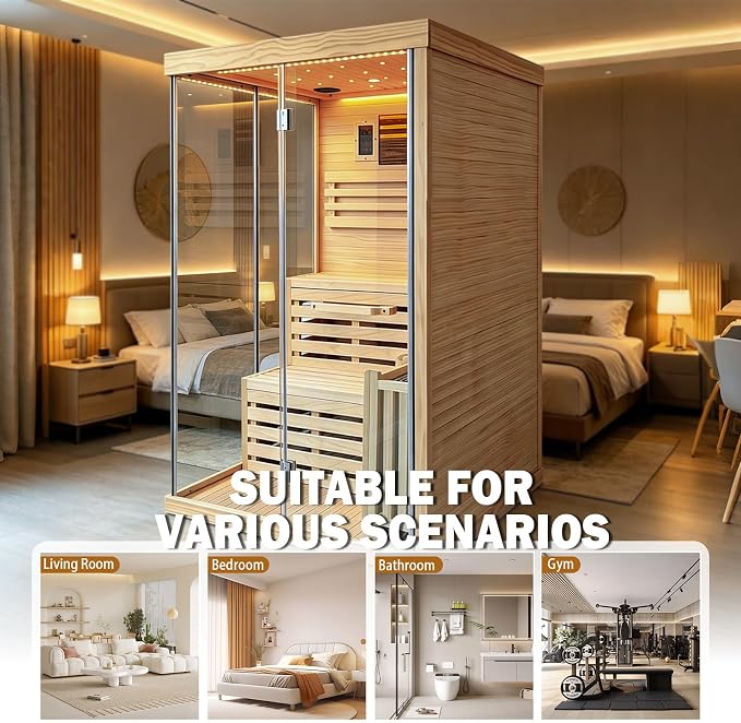 Steam Sauna, Traditional 2-4 Person Indoor Sauna with 3000W Stove Heater | Chilean Pine Wood Sauna Room with Wooden Barrel and Spoon, Sauna Stone, Hygrometer, Cup Holder, LED Lighting, Speaker