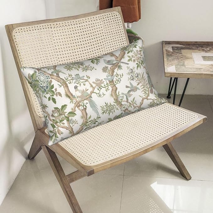 Green Floral Bird Pillow Covers 12x20 Set of 2 Chinoiserie Throw Pillows Green Vintage Flowers Bird Decorative Pillow Cases Outdoor Chinoiserie Decor Farmhouse Cushion Case for Couch Sofa