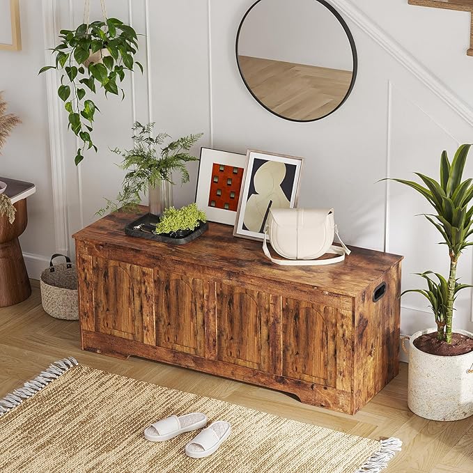 Storage Chest, Wooden Toy Box, Rustic Brown 50.0" L | Extra Large Storage Bench, 2 Soft-close Hinges, Finger-safe Flip-Top Lid, Easy Assembly, Farmhouse Trunk, Living Room/Bedroom