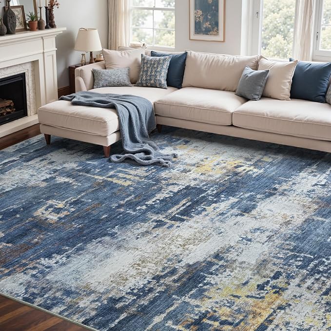 6x9 Ft Large Area Rugs for Living Room, Soft Non-Slip Washable Rugs Modern Abstract Pattern Carpet for Bedroom Indoor Floor Nursery Home Decor (Blue/Gold)