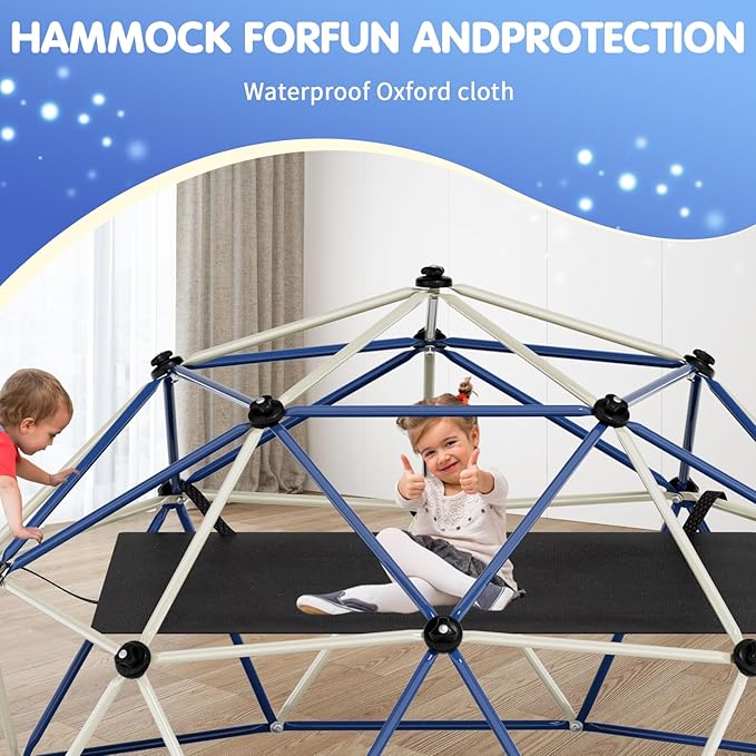 Climbing Dome,10FT Dome Climber with Hammock, Outdoor Jungle Gym for Kids, Supports Jungle Gym up to 1,000 lbs, Rust Resistant, Easy to Assemble, Gift for Kids, Blue+White