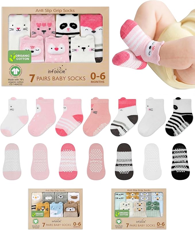 Organic Cotton GOTS Certified Non-Slip Baby Socks 0-6 Months - 7 Pairs Soft Breathable Newborn Socks Animal Design For Infant