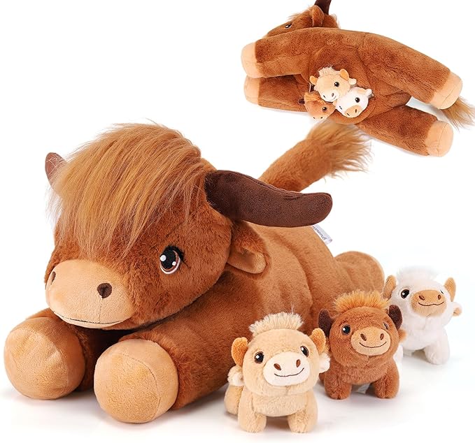 4 Pieces Highland Cow Stuffed Animals - 1 Mommy Stuffed Highland Cow with 3 Babies - Brown Cow Gifts for Girls Age 3-8, Cows Plush Toys for Christmas, Valentine's, Birthday Gifts (Brown)