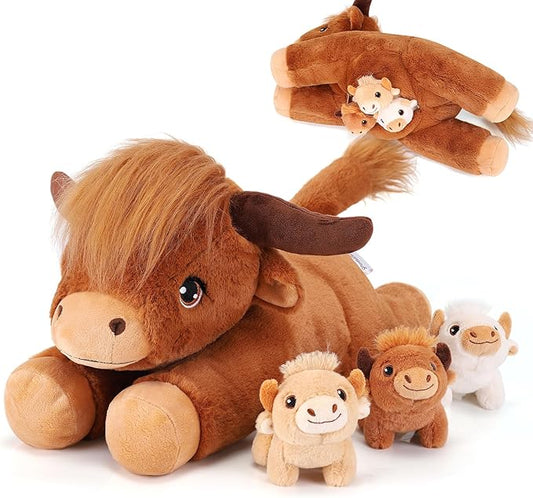 4 Pieces Highland Cow Stuffed Animals - 1 Mommy Stuffed Highland Cow with 3 Babies - Brown Cow Gifts for Girls Age 3-8, Cows Plush Toys for Christmas, Valentine's, Birthday Gifts (Brown)