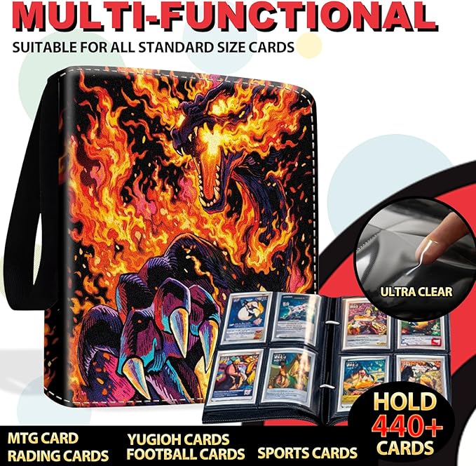 440 Card Binder 4 Pocke 3-Ring Trading Card Binder with 55 Page Removable Sleeves, High Storage Trading Card Holder Collection Card Album Carrying Organizer Case for TCG Cards-Fire Dragon