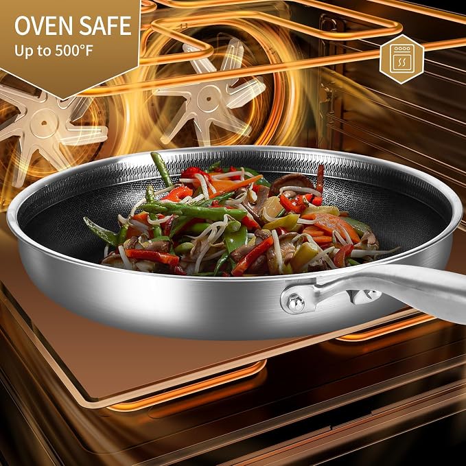 Inqibee 12 Inch Hybrid Nonstick Chef's Pan with Lid | Tri-Ply Stainless Steel Skillet for Meals, Honeycomb Scratch Resistant Surface, Induction Cooking Pan, Dishwasher & Oven Safe