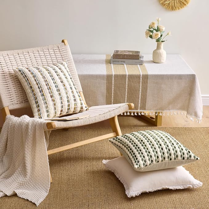 ANRODUO Boho Chenille Decorative Pillow Covers 20x20 Set of 2 Brown White | Textured Tufted Stripes Woven Cushion Case, Farmhouse Accent Neutral Pillowcase for Couch Sofa Bed Living, Room Decor