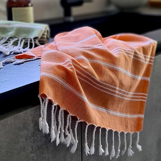 Cacala 100% Turkish Cotton Kitchen Tea Towels, Highly Absorbent Luxury Soft Quick Drying Dish Towel with Hanging Loop for Gym, Yoga, Bath, Sports, Cleaning and Kitchen (23 x 36), Orange