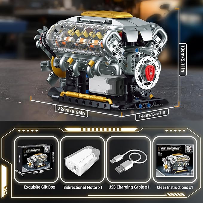 V8 Engine Model Kit that Runs, Build Your Own Mini Visible Car Motor, Physical Science Experiment Building Set for Adults & Teens, STEM Toy Gift for Boys 14+ (703 PCS)