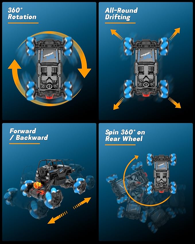 RC Sideways Stunt Car, 2.4 Ghz Remote Control Drift Car, Features 360° Rotation, Spins, Spray, All Terrain 4WD RC Stunt Cars Toys for 6-12 Years Boys Girls Gifts for Christmas New Year