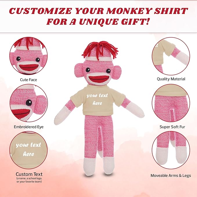 Huggable Pink Sock Monkey 8 Inch, Plush Stuffed Animal Personalized Gift-Custom Text on Shirt-Perfect for Halloween Day, Valentine's Day, Graduation Day, or Birthday Present (Tan)
