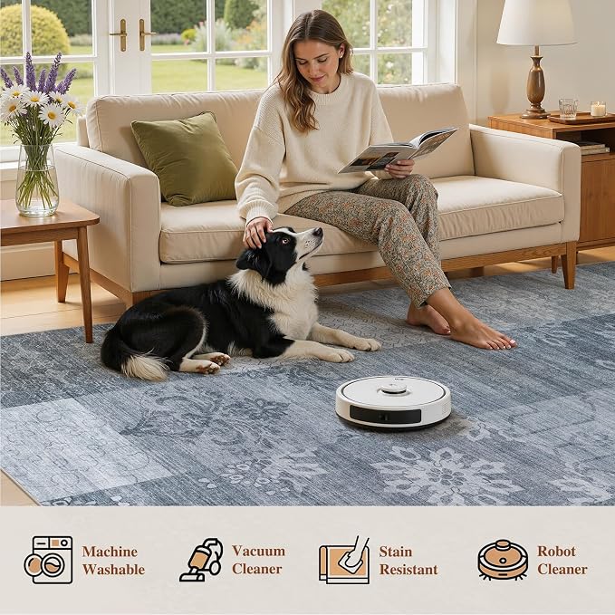 UERMEI 10x12 Area Rug for Living Room - Washable Vintage Carpet, Non-Slip Soft Large Indoor Floor Rugs for Bedroom Home Office & Under Dining Table Decor, Blue Block