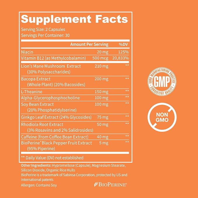 WellPath Mind Brain Supplement for Memory and Focus with Lion's Mane | Ginkgo Biloba and L-Theanine for Long Term Cognitive Support | Vegan, Non-GMO, 60 Ct